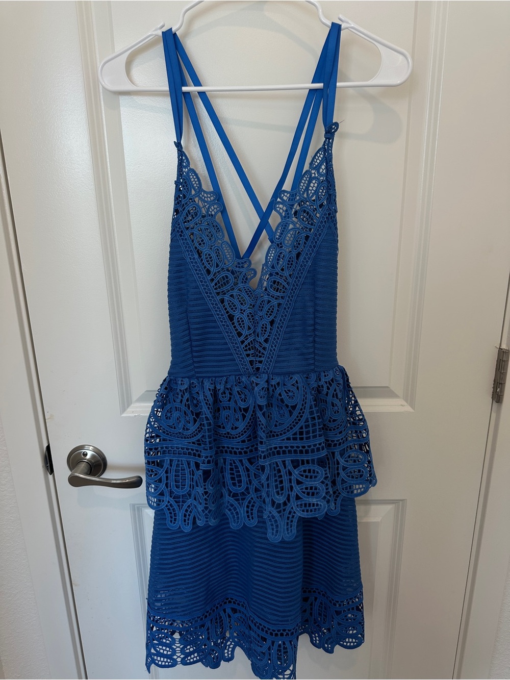 Seoul Secret Blue Lace Dress Womens L V Neck Peplum Cross Back Midi